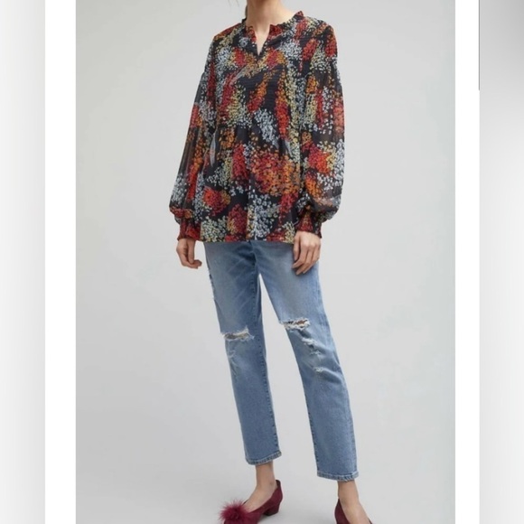 Anthropologie Akemi + Kin Adria Black Floral Smocked Chiffon Mesh Blouse Sz S - Picture 1 of 16